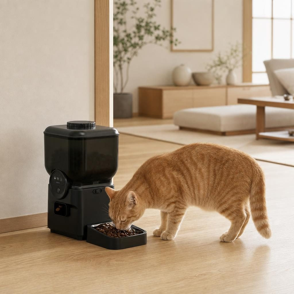 Chat mangeant dans la gamelle inclinée du distributeur Blanche