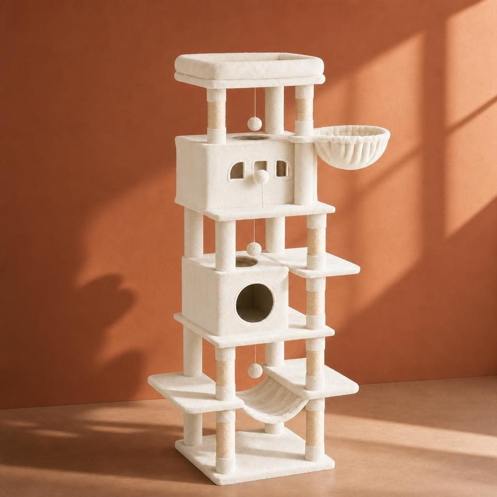 Arbre à chat Célestine 212,5 cm, coloris blanc crème, sur fond uni