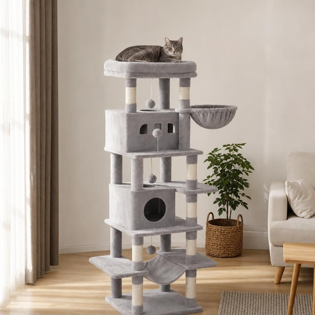 Chat allongé sur la plateforme supérieure de l'arbre à chat Célestine