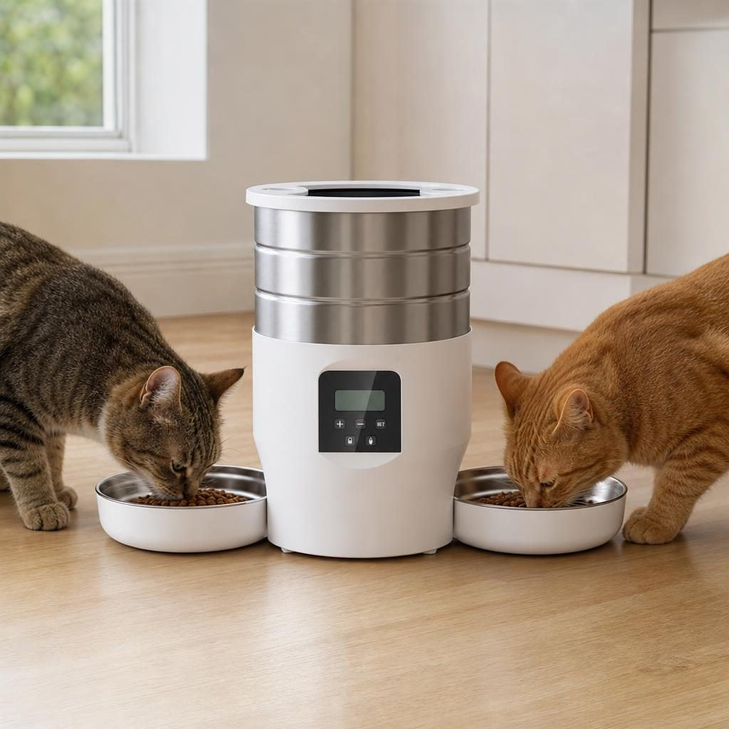 Deux chats mangeant chacun dans une gamelle du distributeur Delphine