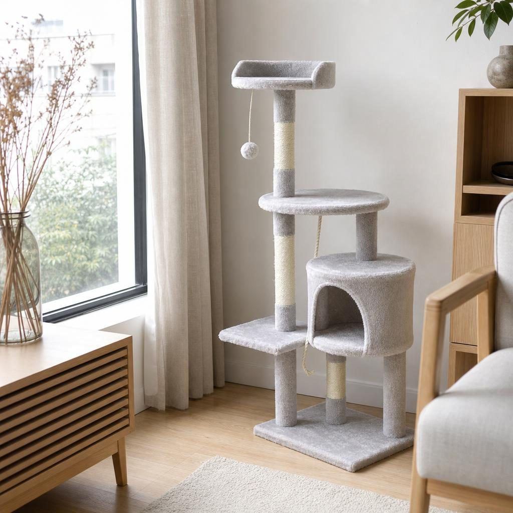 Arbre à chat Éloïse installé près d'une fenêtre dans un petit salon