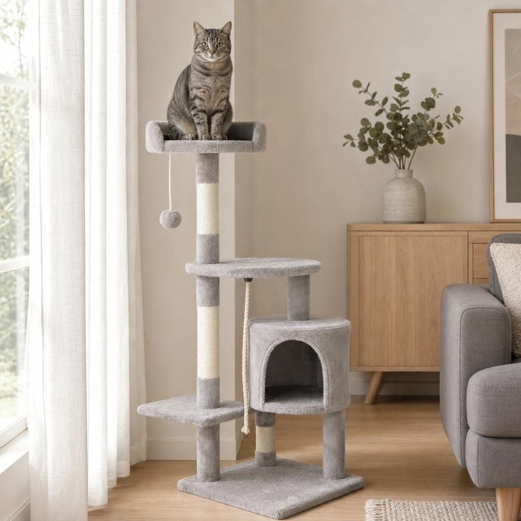 Chat assis sur le perchoir supérieur de l'arbre à chat Éloïse
