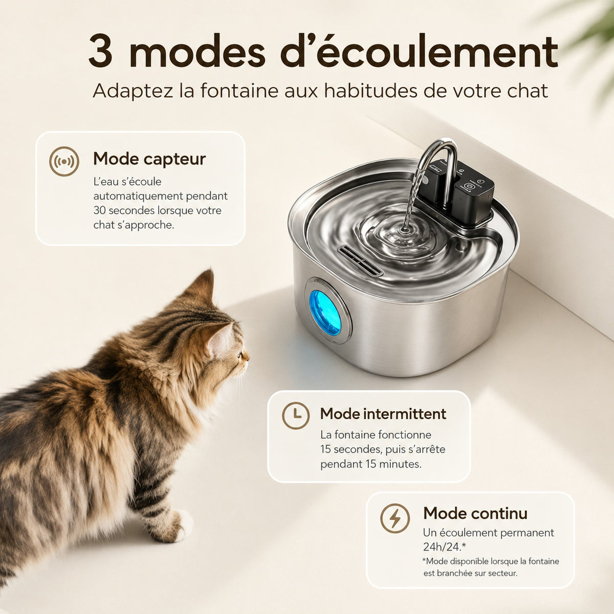 Fontaine à eau pour chat Ondine – 3 L en inox, sans fil rechargeable
