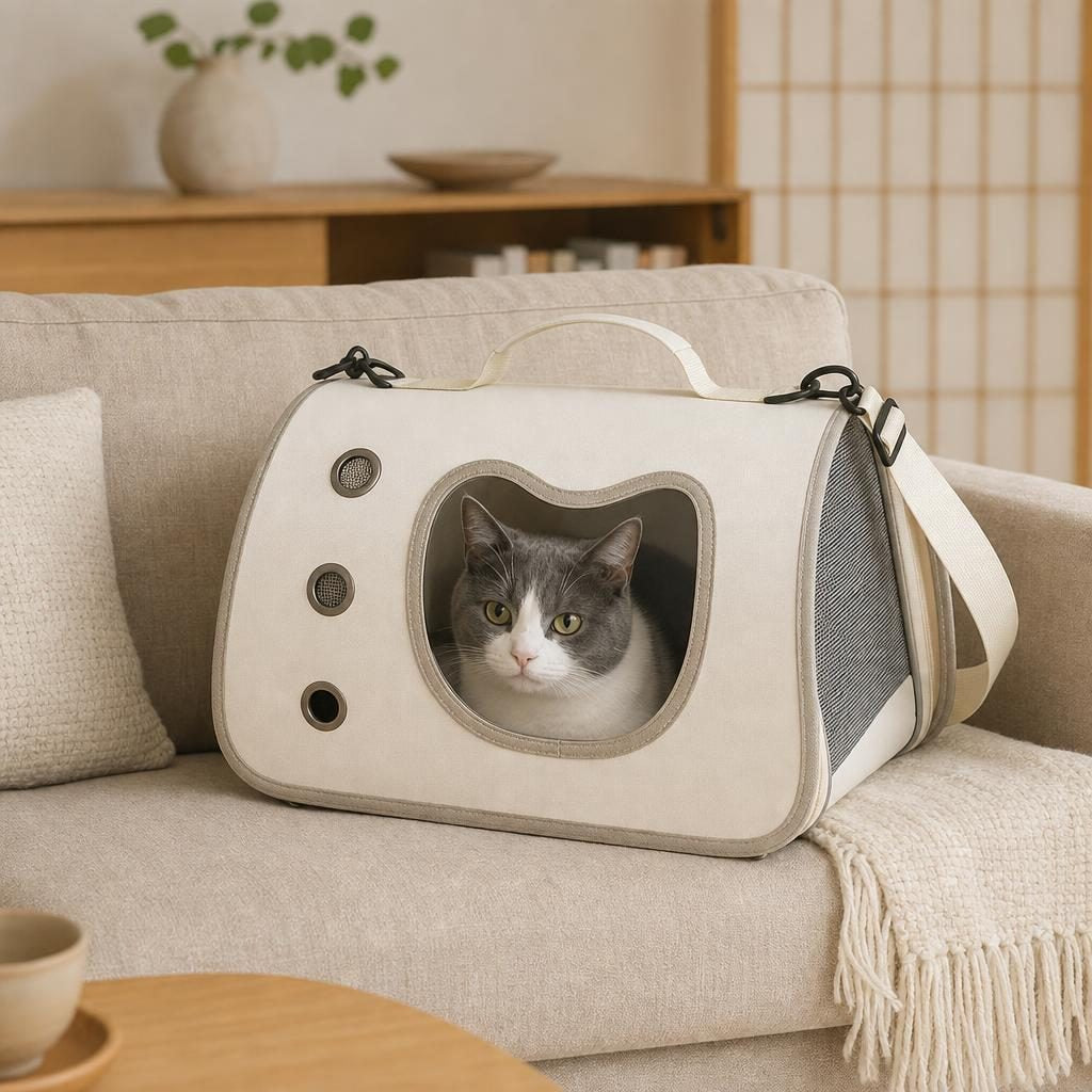 Chat installé dans le sac Garance, tête visible au hublot