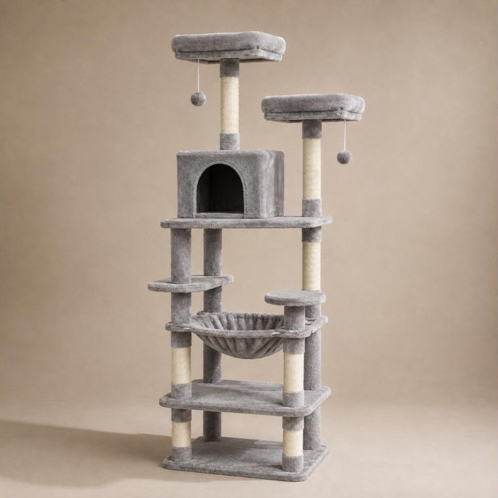 Arbre a chat Colette gris clair, cinq niveaux avec cabane, hamac et perchoir