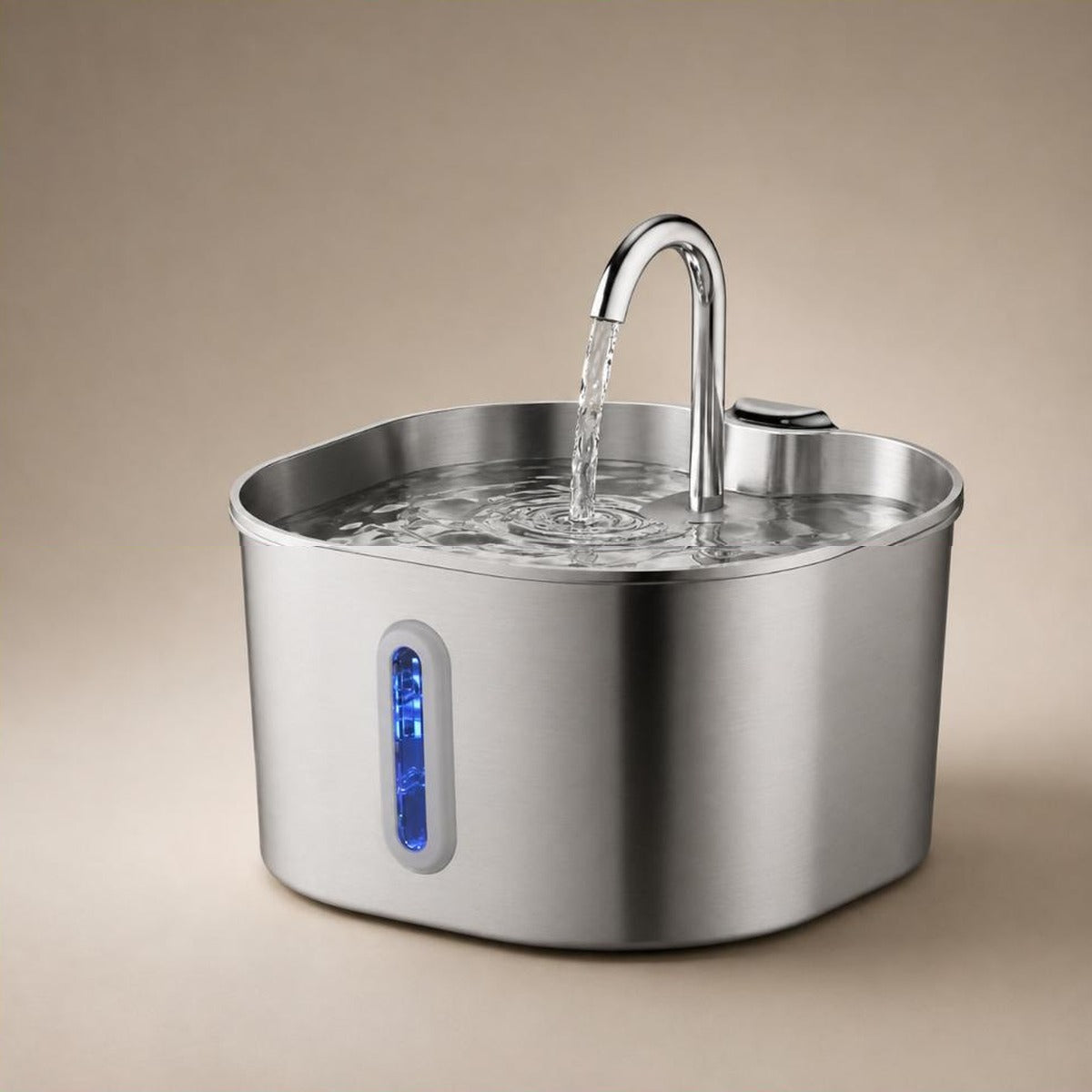 Fontaine a eau pour chat Margaux en acier inoxydable, bec arque et fenetre de niveau bleue