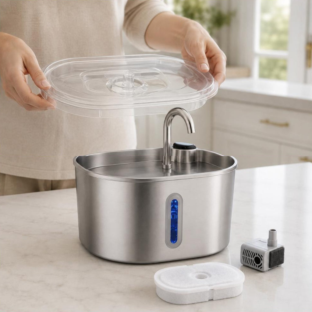 Fontaine Margaux demontee pour le nettoyage : couvercle, cuve inox, pompe et cartouche filtrante