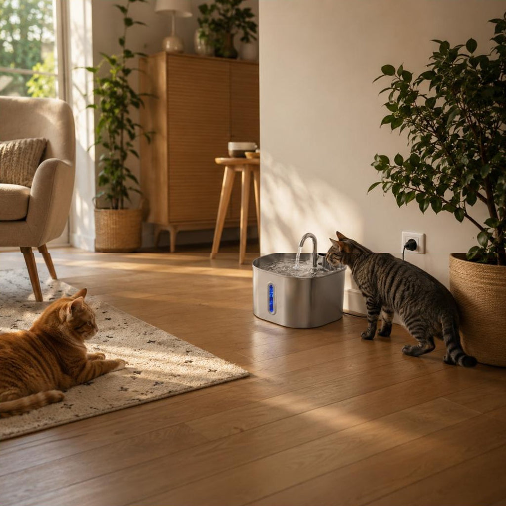 Fontaine Margaux posee dans un salon a cote d un fauteuil, deux chats dans la piece