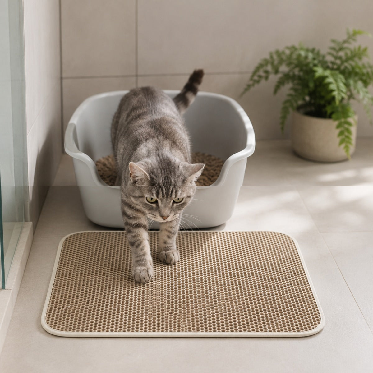 Chat tigré sortant de son bac à litière et posant les pattes sur le tapis Camille