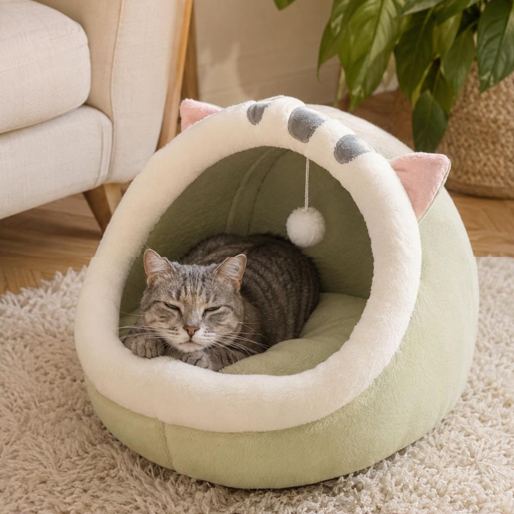 Chat gris tigre endormi dans le couchage cocon Suzanne vert foret, pose sur un tapis de salon