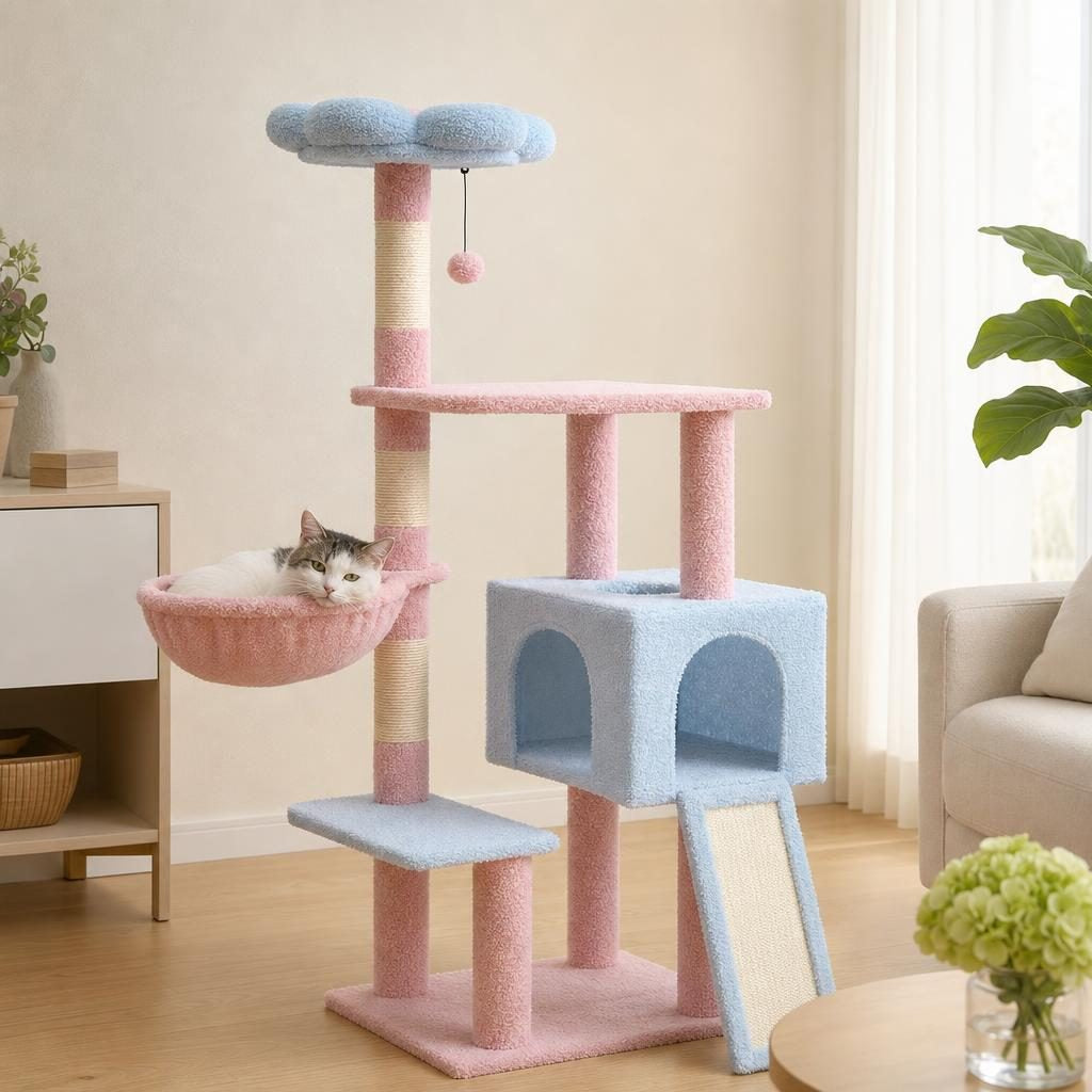 Chat lové dans le nid rond de l'arbre à chat Capucine