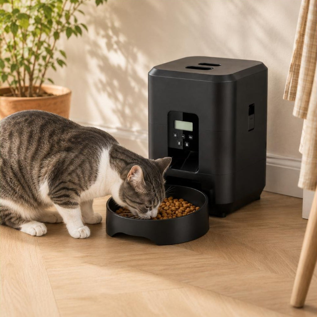 Chat tigre mangeant dans la gamelle du distributeur de croquettes automatique Margot