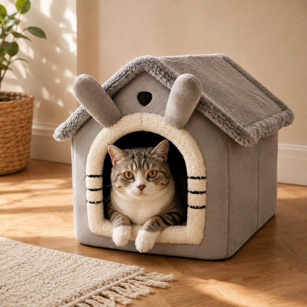 Chat tigre installe dans la maison pour chat Nola, tete et pattes avant qui depassent
