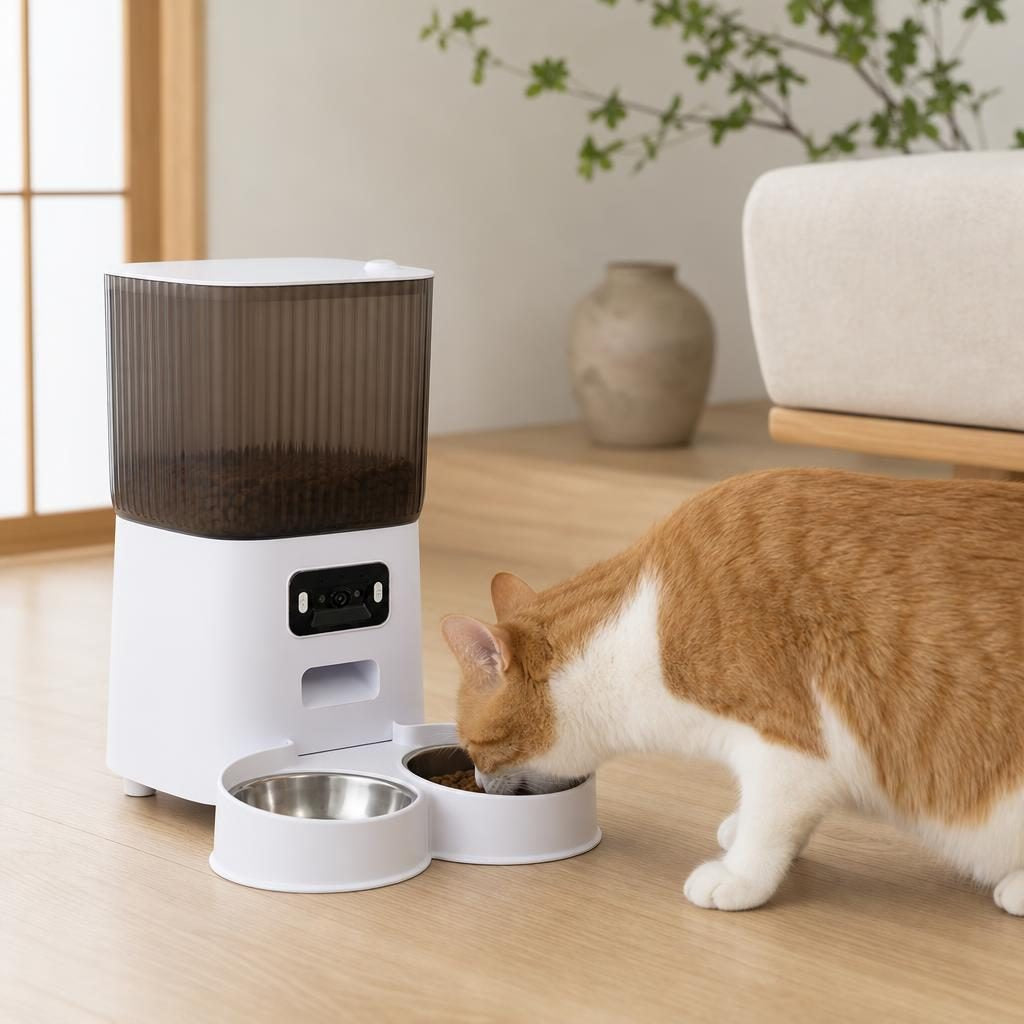 Chat mangeant dans la gamelle du distributeur Philippine
