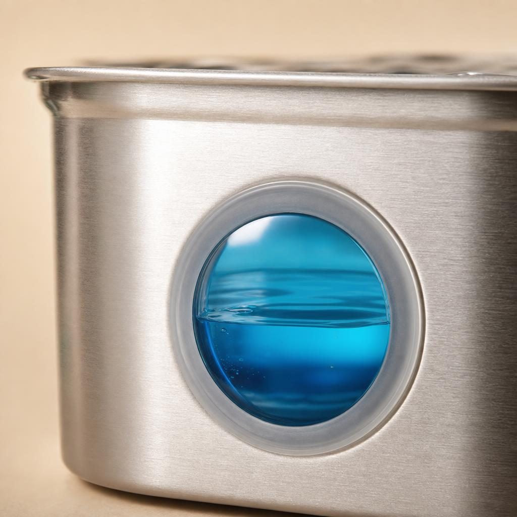 Gros plan sur le hublot de niveau d'eau de la fontaine Ondine