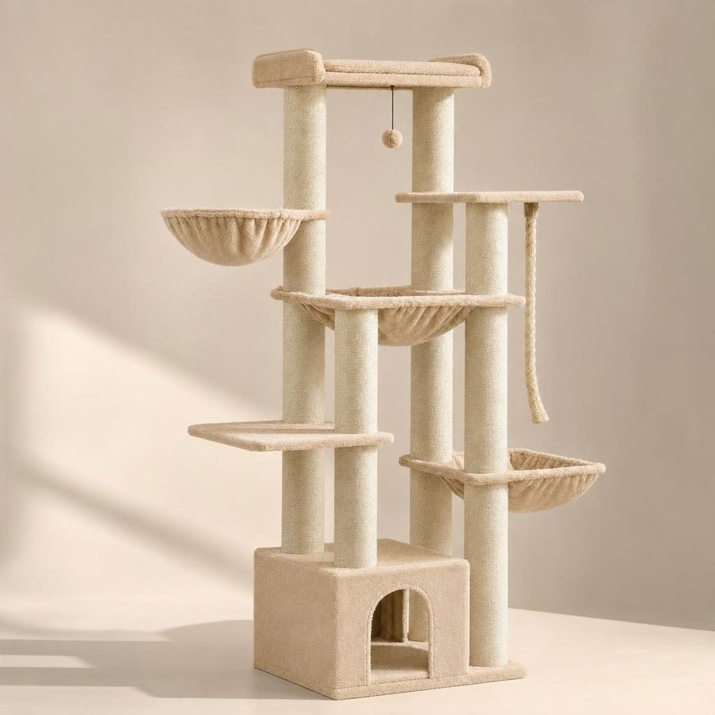 Grand arbre à chat Séraphine, coloris beige, sur fond uni