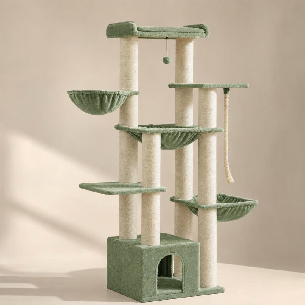 Grand arbre à chat Séraphine, coloris vert, sur fond uni