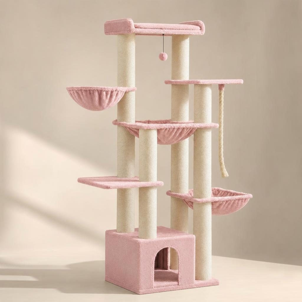 Grand arbre à chat Séraphine, coloris rose, sur fond uni