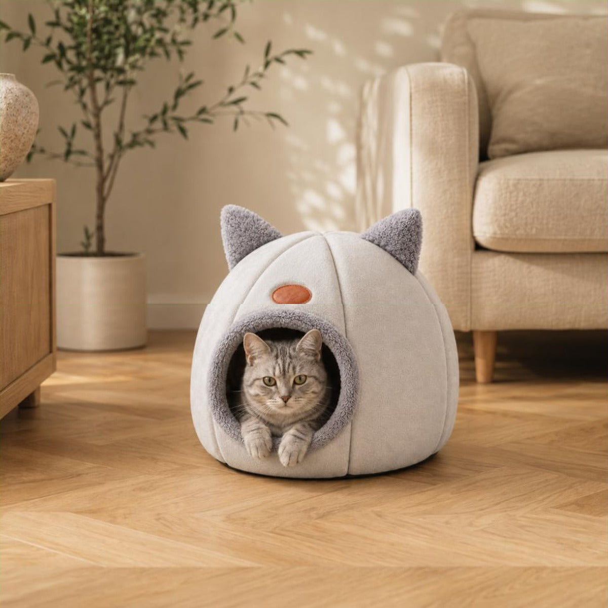 Chat gris tigré installé dans le nid grotte Alma dans un salon