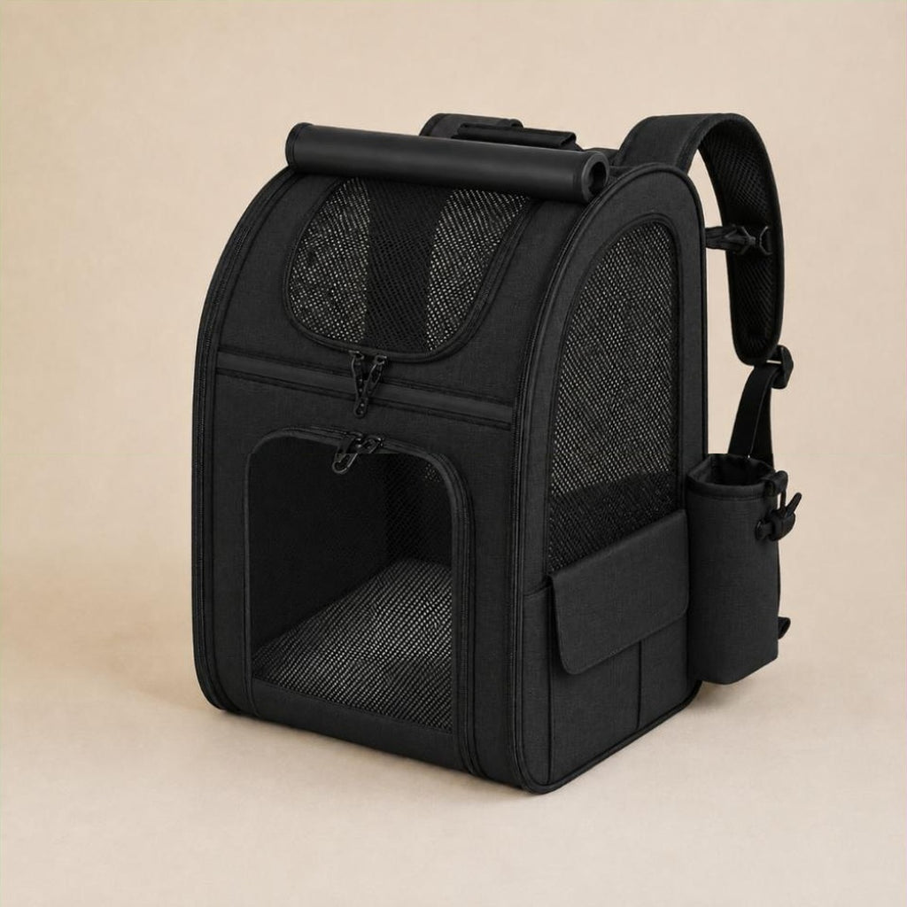 Sac a dos de transport pour chat Anouk noir, vue de trois quarts