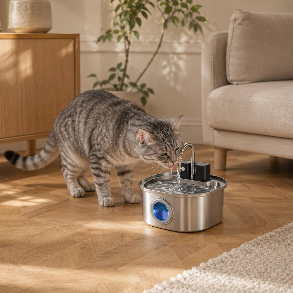 Chat gris tigré qui boit à la fontaine à eau Ondine dans un salon