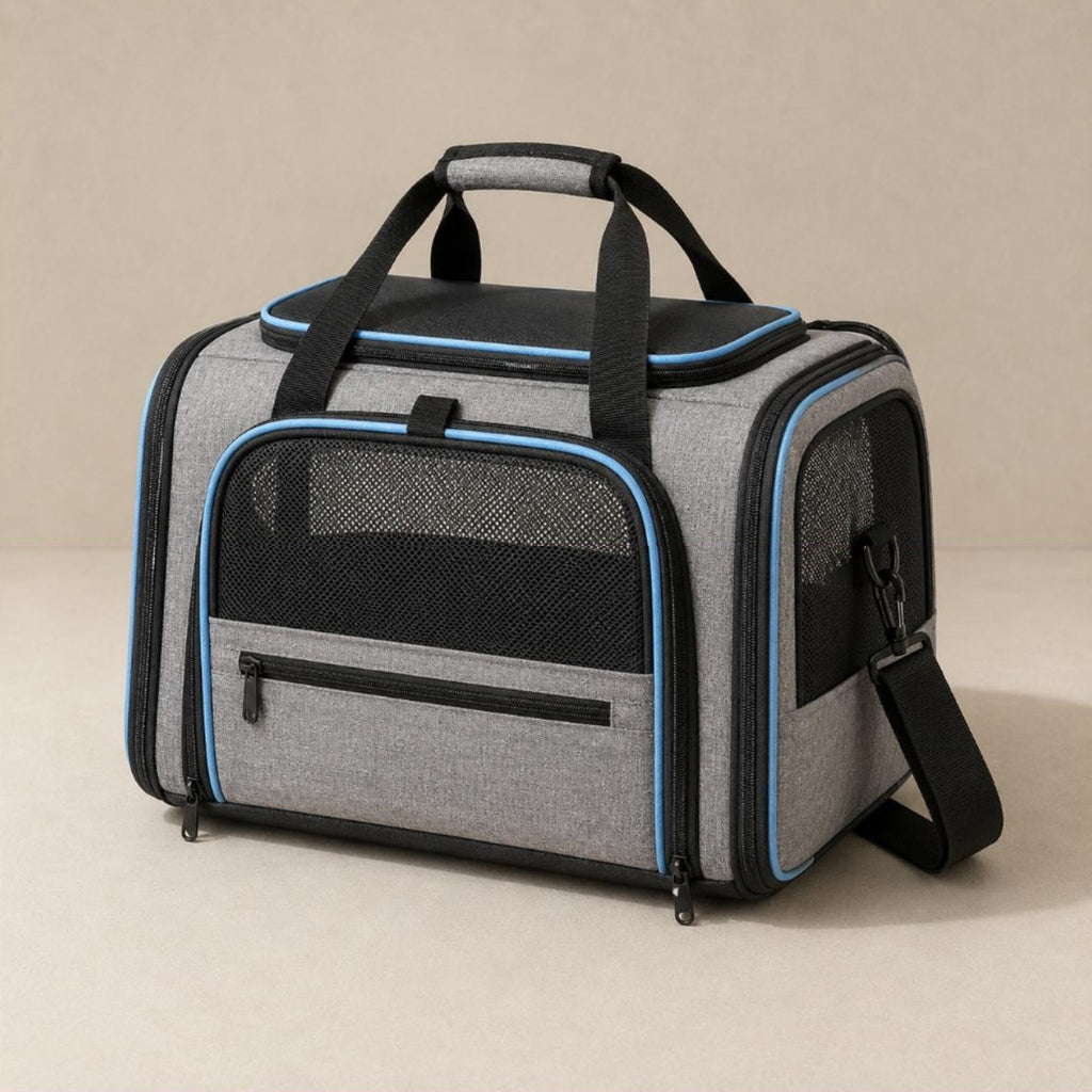 Sac de transport pour chat Lise en tissu gris chiné, vue de trois quarts sur fond neutre