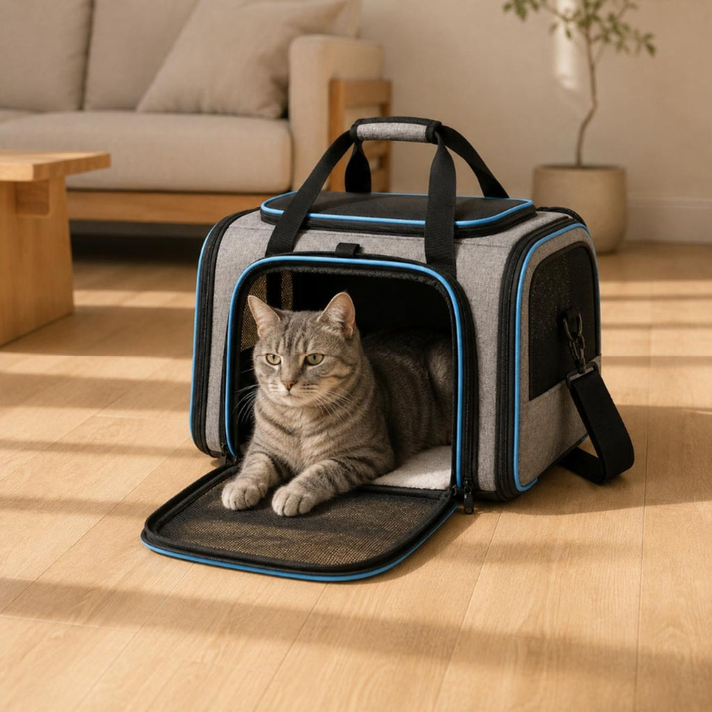 Chat gris tigré installé dans le sac de transport Lise, rabat avant ouvert dans un salon
