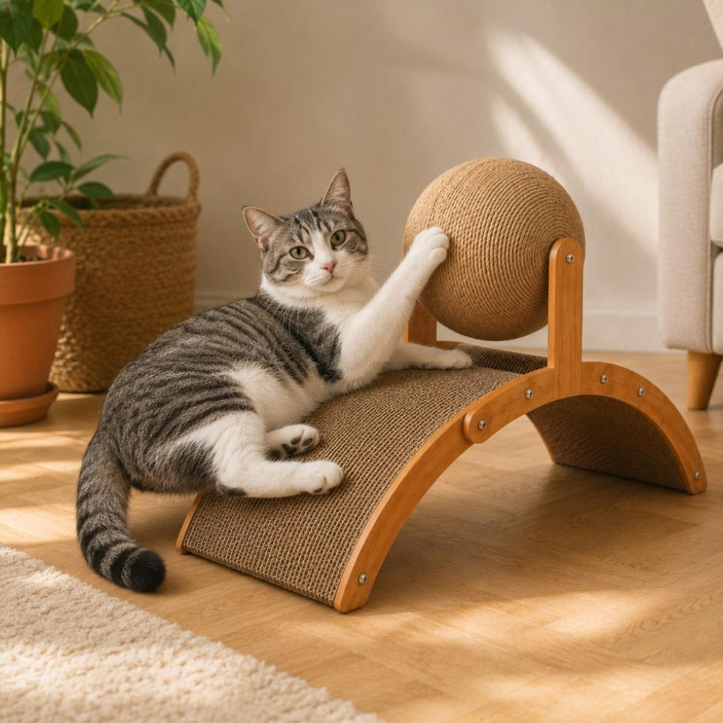 Chat tigre allonge sur la rampe du griffoir Ninon, patte posee sur la boule en corde