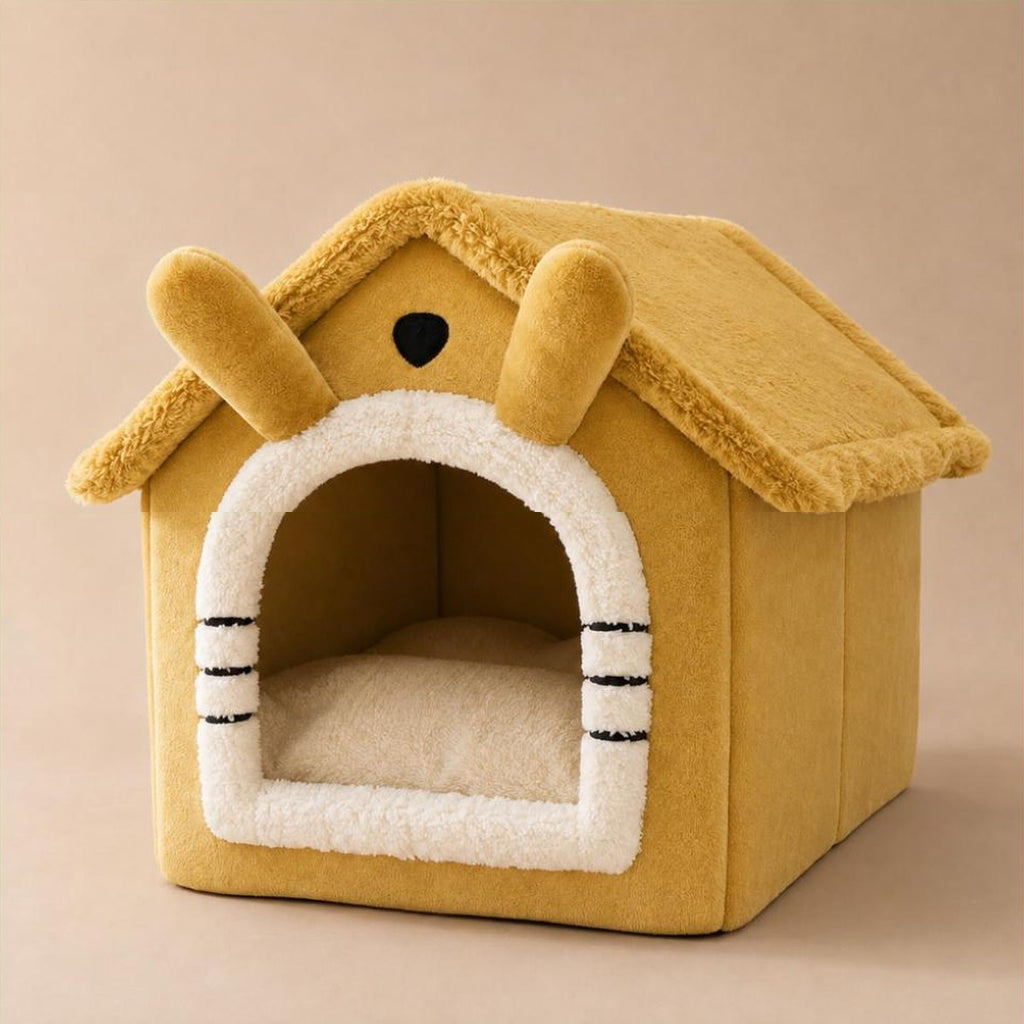 Maison pour chat Nola en peluche jaune moutarde, niche fermee avec toit et coussin amovible
