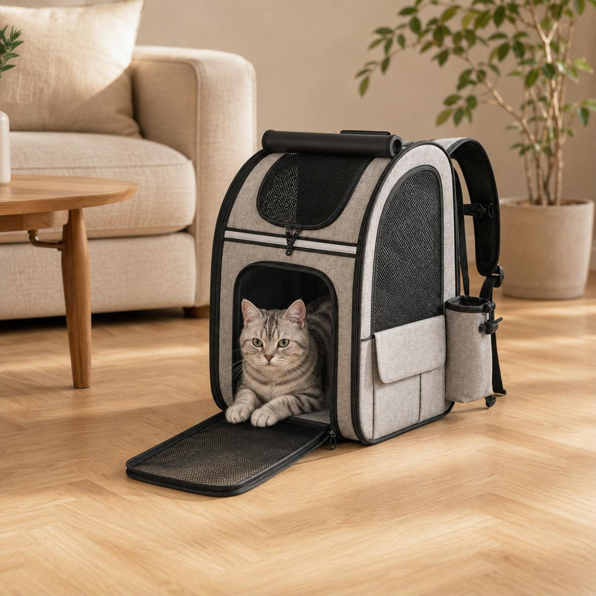 Chat gris tigré installé dans le sac à dos de transport Anouk, rabat ouvert dans un salon