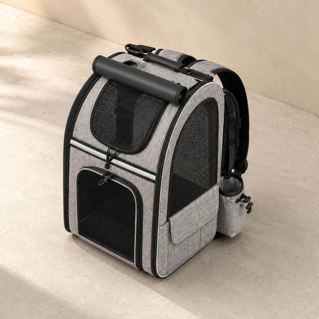Détail de la poignée rigide, du tissu oxford et de la maille du sac à dos de transport pour chat