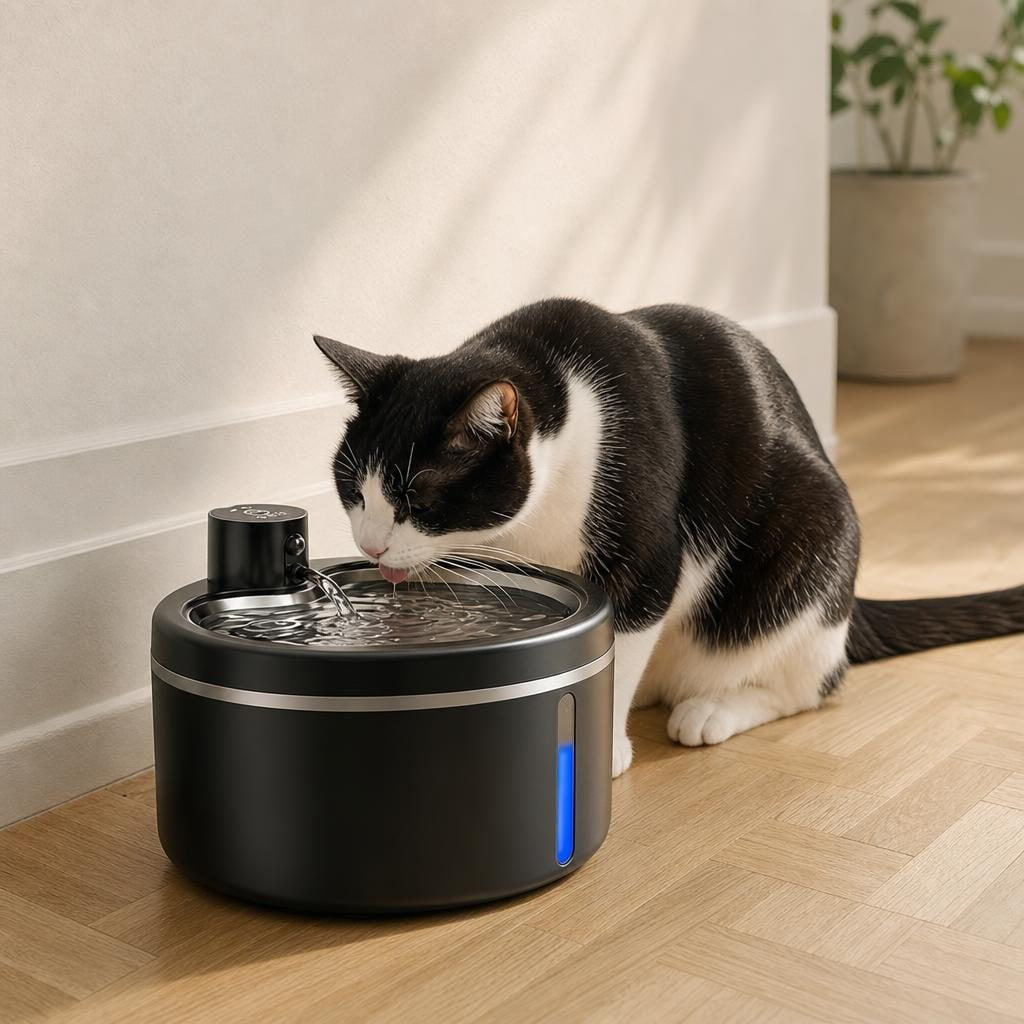 Chat buvant au filet d'eau de la fontaine Victoire