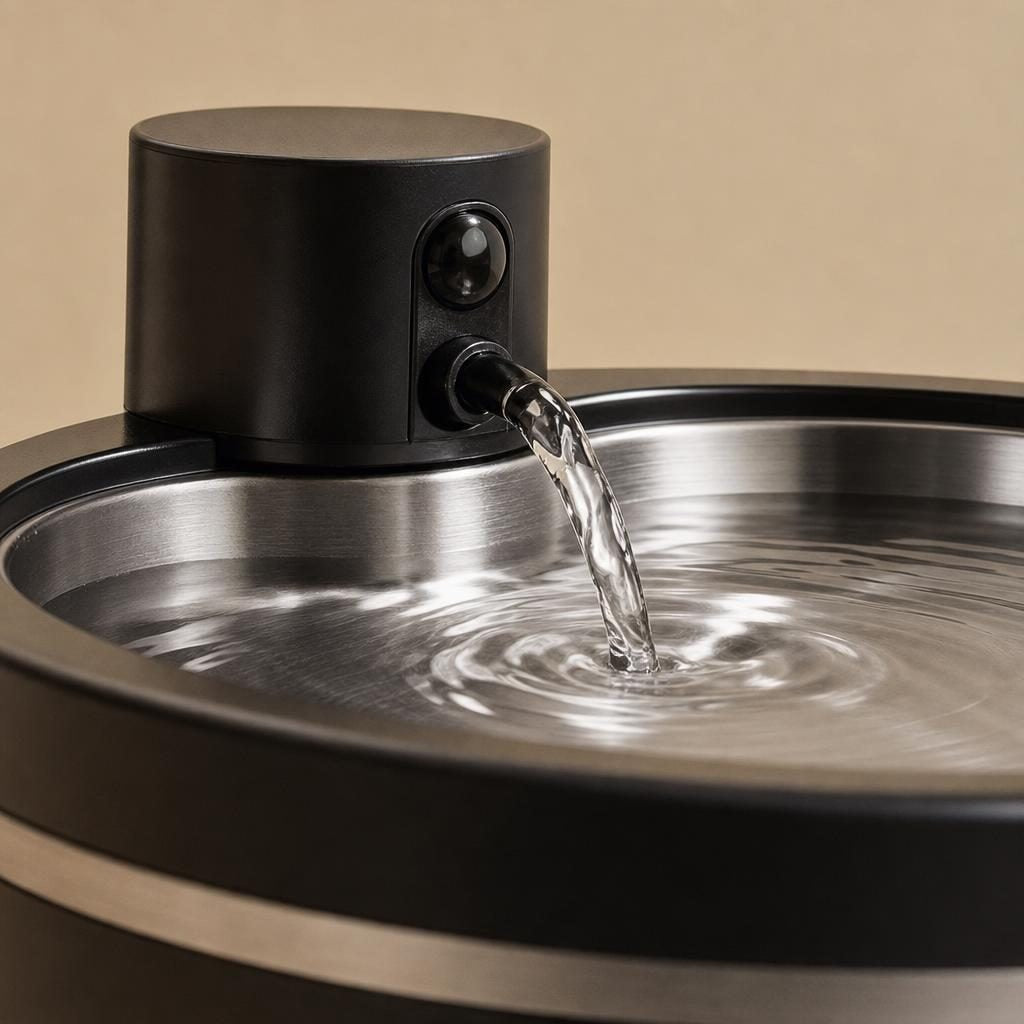 Gros plan sur le bec d'écoulement et la cuve en inox brossé